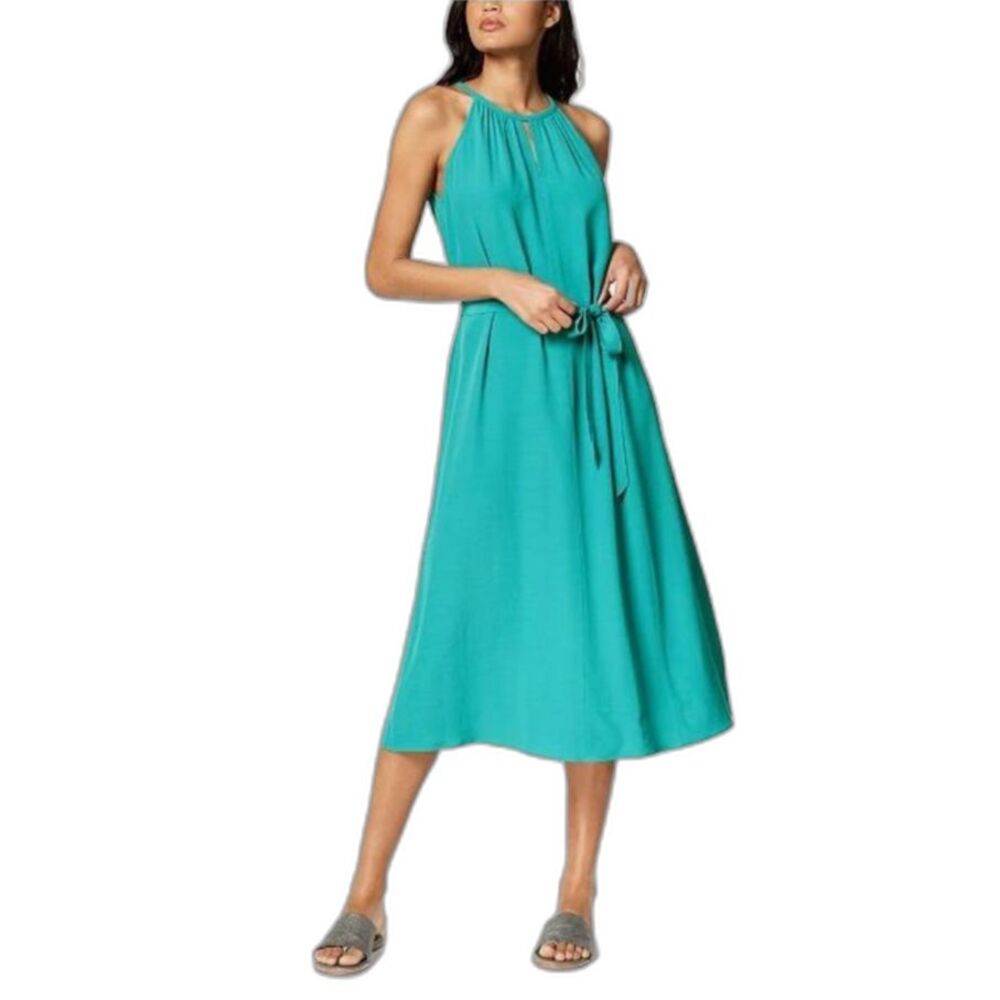 Eileen Fisher Women's Jade Blue Keyhole Halter-Style Belted Midi Dress Size XXS